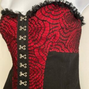 ROYAL BONES BY DAANG Goth Punk Red & Black Lace Hook N Eye Closure Corset Top